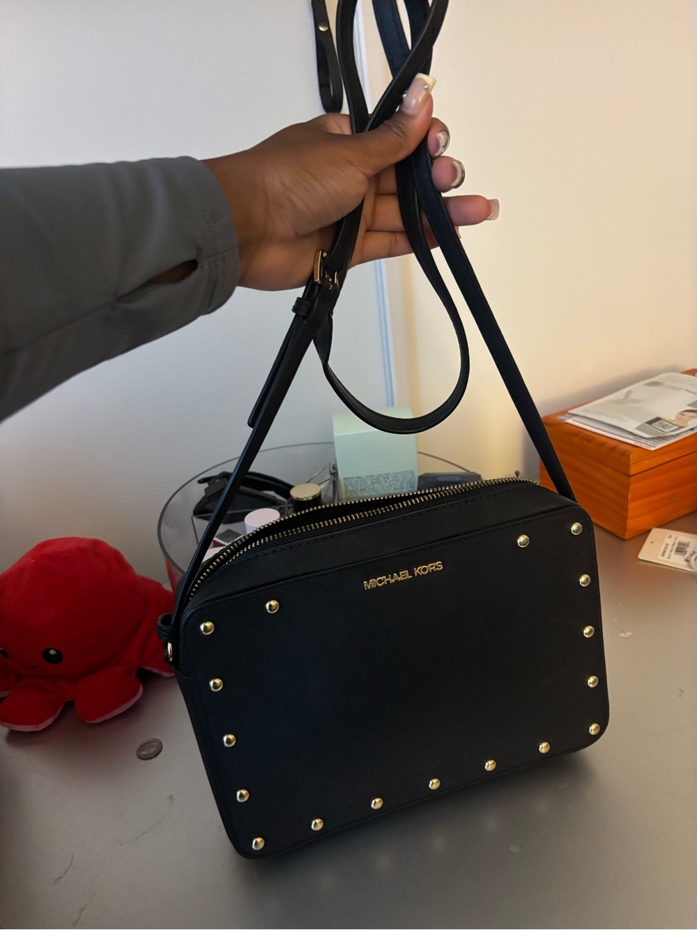 Michael Kors Black Crossbody with Gold Stud Accents